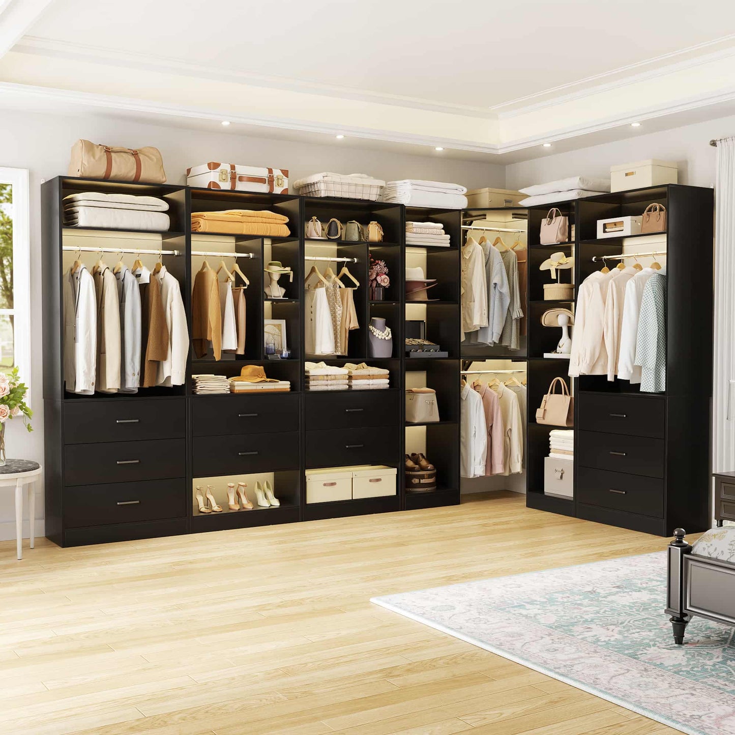 Complete Corner & Straight Closet Organizer Suite:1 Corner Shelf Unit + 4 Tower Systems ( 4-Drawer+ 6-Drawer Options)