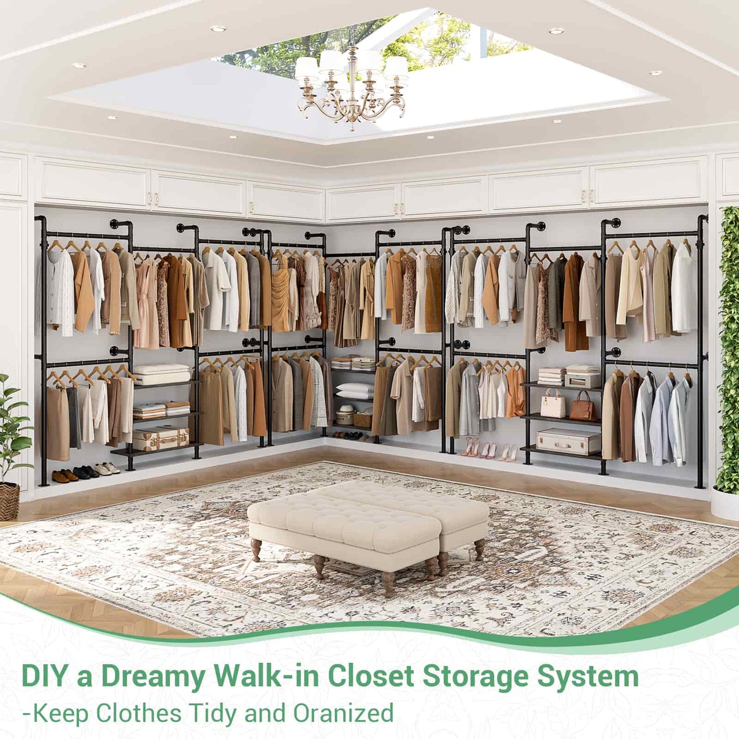 84"-128" Adjustable Metal Pipe Clothing Rack Wall-Mounted,Industrial Garment Rack with 3-Tier Wooden Shelves,Heavy-Duty 1000LBS Capacity