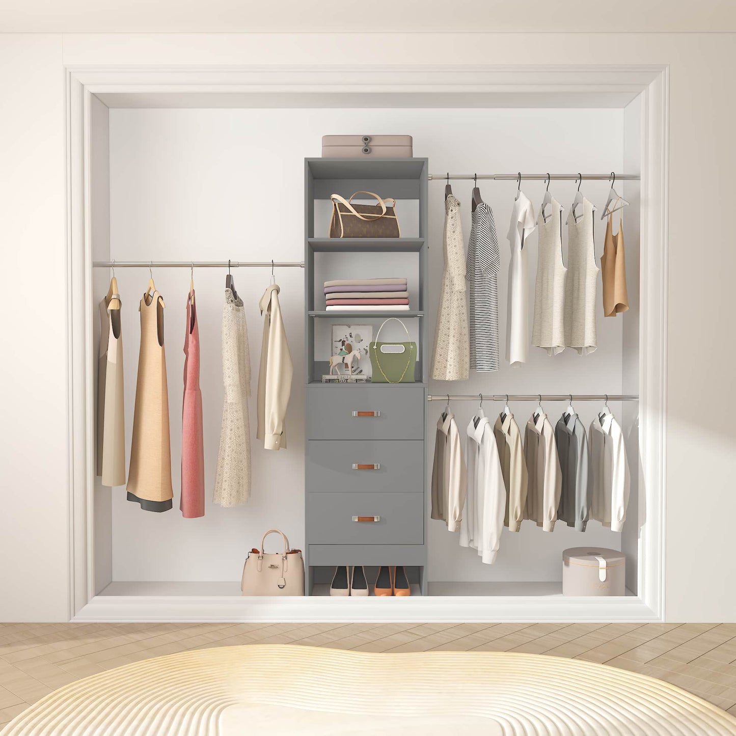 Adjustable 5-8FT Wall-Mounted Closet Organizer System with 3 Hanging Rods & 3 Wood Drawers