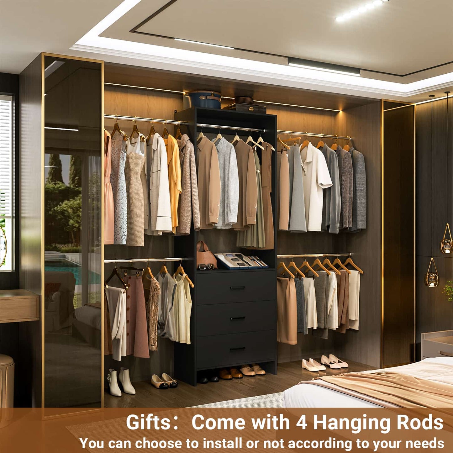 Closet System, Closet Organizer with 3 Wooden Drawers