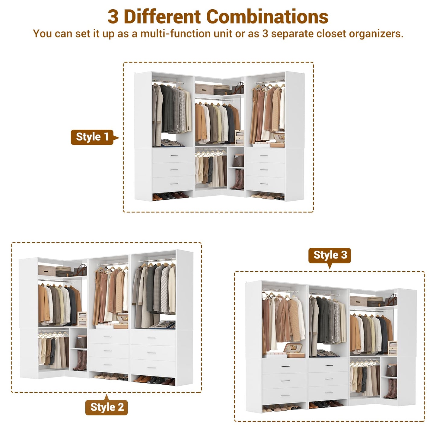 81'' Closet System with 6 Drawers, 4 Hanging Rods & Corner Tower