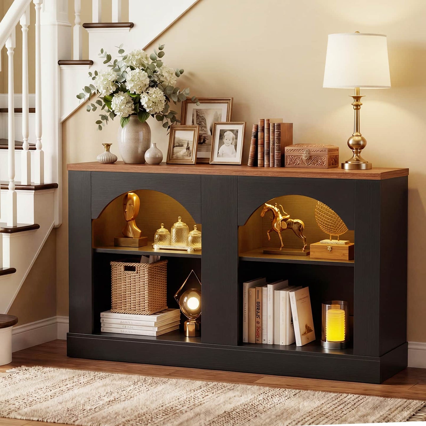 47" Arched LED Entryway Table - Farmhouse Console Table with Adjustable Shelves, Sofa Table, Sideboard Buffet Storage Cabinet