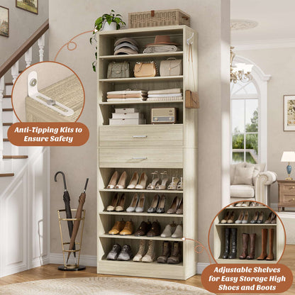 10-Tier Shoe Cabinet with 2 Drawers, 65cm Width Freestanding Closet Organizer