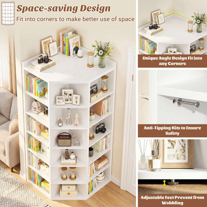 7-Tier Corner Cube Book Shelf - Wooden L-Shaped Storage Cabinet with Top Table for Small Spaces, Home Office, Bedroom, Living Room