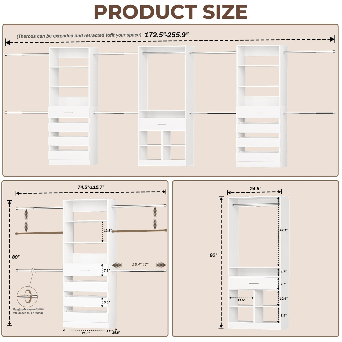 3 sets Wardrobe Closet - Two Adjustable Wooden Closet Systems with 8 Drawers & 8 Hanging Rods and One Freestanding Tower with 4 Cubby Storage