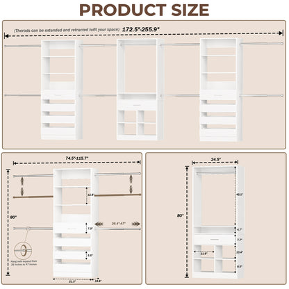 3 sets Wardrobe Closet - Two Adjustable Wooden Closet Systems with 8 Drawers & 8 Hanging Rods and One Freestanding Tower with 4 Cubby Storage