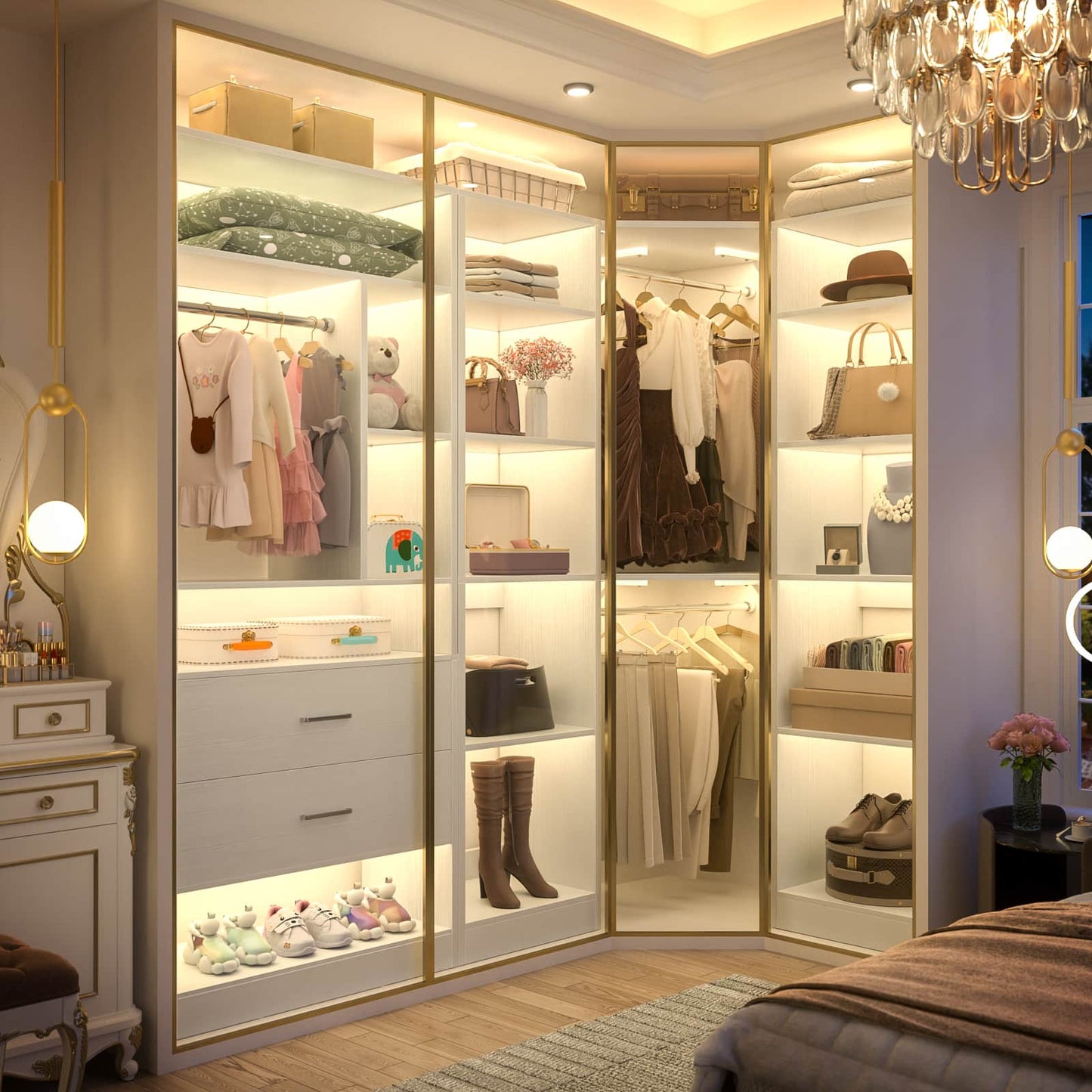 Closet System Closet Organizer, Wood Closet Organizer System,Walk-in Closet or Small Closets Wardrobe, Clothes Rack with Hanging Rods