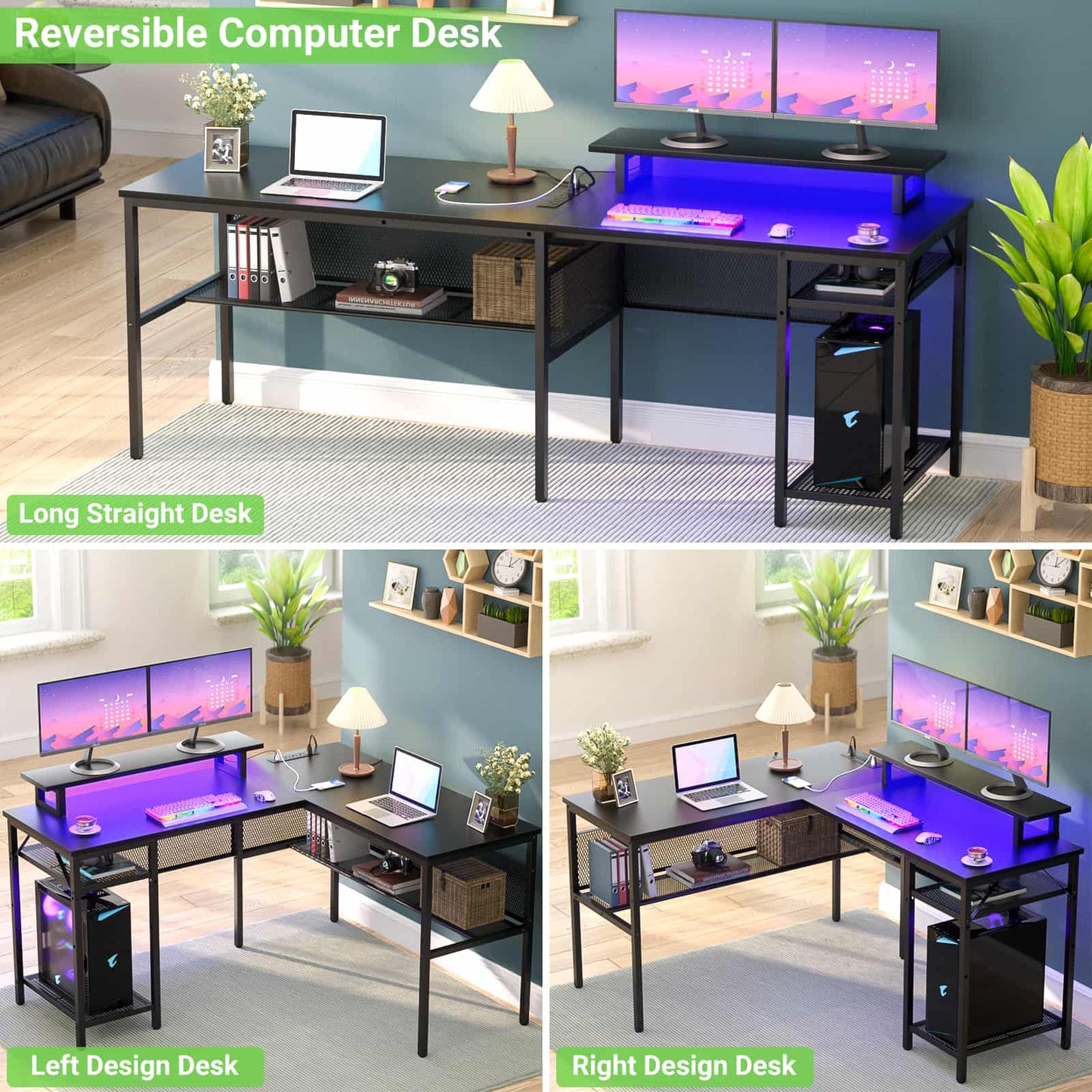 L Shaped Computer Desk with Magic Power Outlets and Smart LED Light