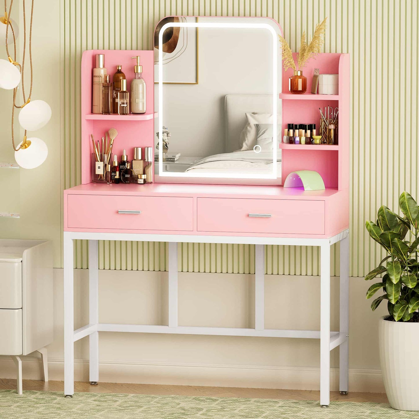 Vanity Desk with LED Lighted Mirror, Makeup Desk with 5 Storage Shelves & 2 Drawers, Vanity Table, Modern Dressing Table with 3 Color Lighting