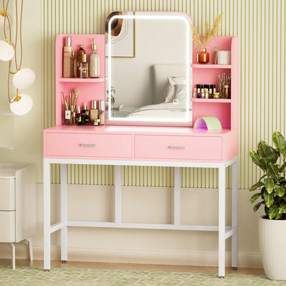 Vanity Desk with LED Lighted Mirror, Makeup Desk with 5 Storage Shelves & 2 Drawers, Vanity Table, Modern Dressing Table with 3 Color Lighting