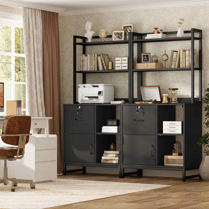 Vertical Filing Cabinet with Lock & Charging Station, Large Drawer Wood File Cabinet with Bookshelf, Printer Stand with Open Storage Shelf