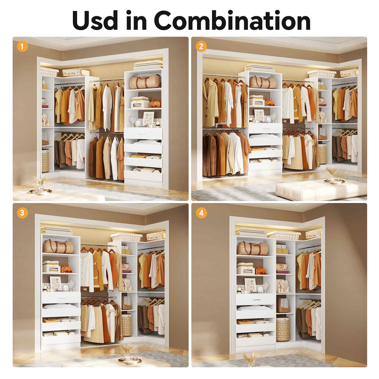 58"-152" Freestanding Closet System, Wardrobe Organizer with Drawers & Shelves, Corner Storage Unit for Bedroom/Living Room