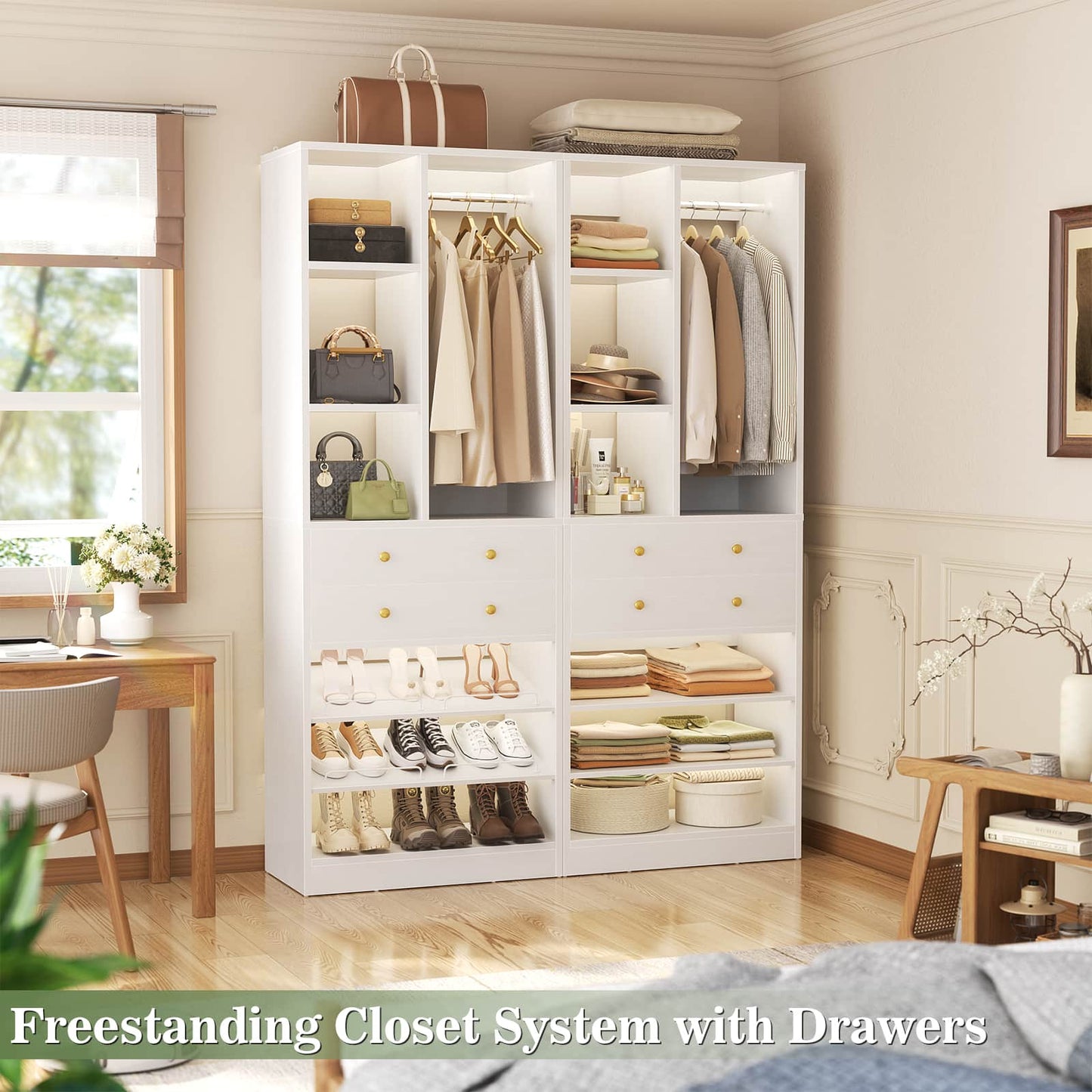 4.6ft Free Standing Closet Organizer with Drawers & Shelves, Heavy Duty 1200lb Capacity Wardrobe System