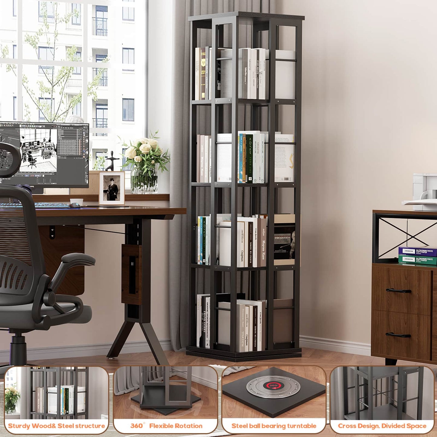 Rotating Bookshelf, Corner Bookshelf, 360 Display Wood Spinning Bookshelf