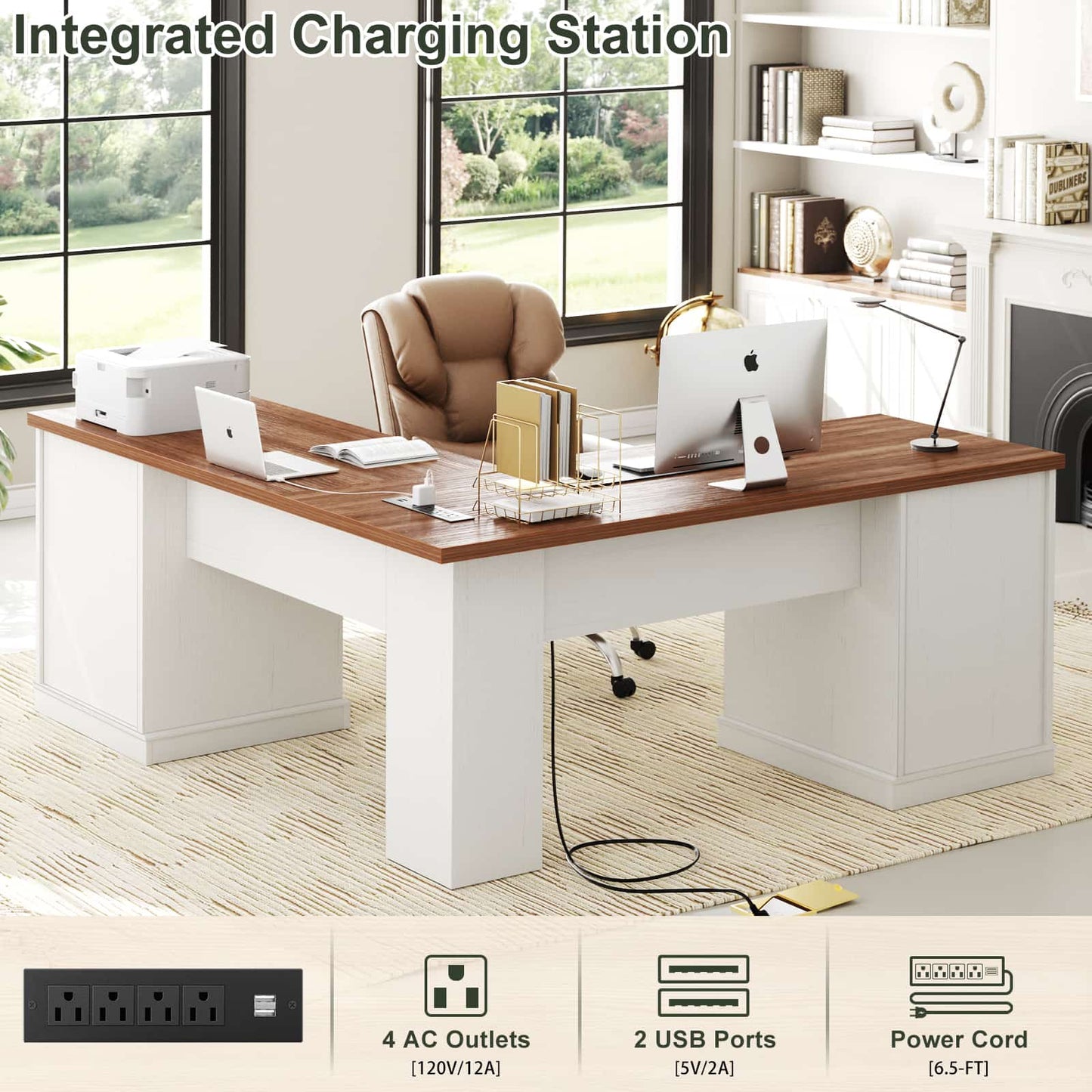 L Shaped Executive Desk with File Drawers, 60" Corner Computer Desk with Power Outlets