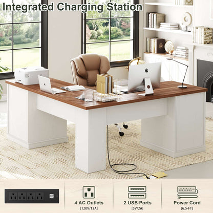 L Shaped Executive Desk with File Drawers, 60" Corner Computer Desk with Power Outlets