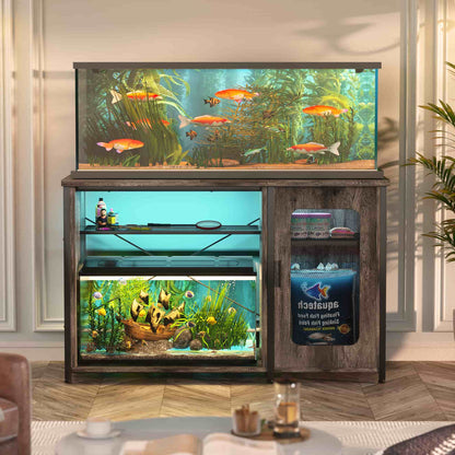 Heavy Duty 55-75 Gallon Aquarium Stand with Power Outlets, LED Light & Storage Cabinet - Reversible Metal Fish Tank Stand, 880LBS Capacity
