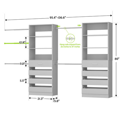 Adjustable Closet Organizer System (6-15Ft) with 8 Wooden Drawers & Modular Tower