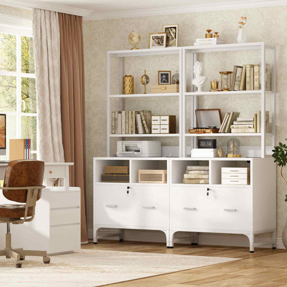 2-Pack Vertical File Cabinet with Shelves, Charging Station, Lock, Large Drawer & Printer Stand