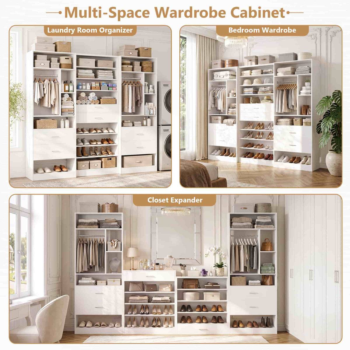 3-Piece Closet and Shoe Storage Set - 10-Tier Shoe Cabinet with 2 Drawers + 2 x 24" Freestanding Closet Organizers with Drawers & Hanging Rods