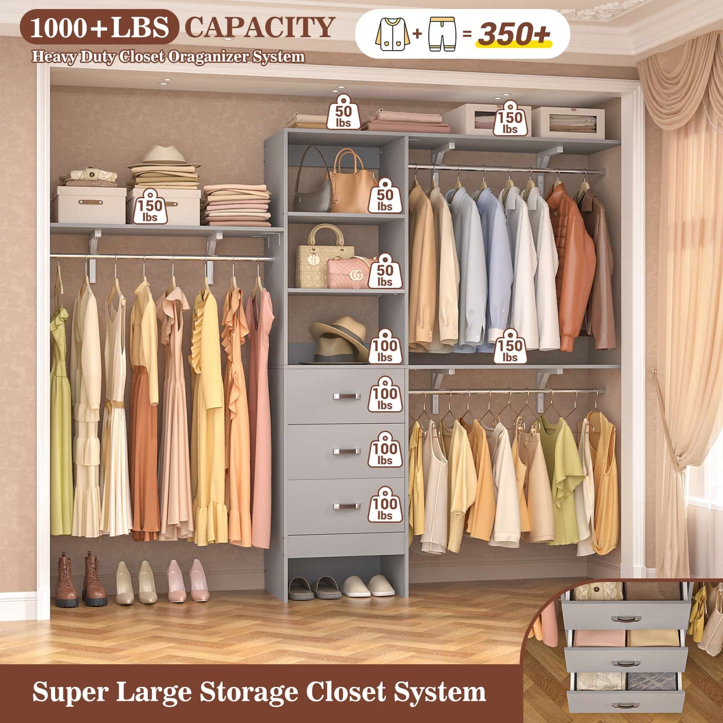 96‘’ W Closet System, Walk In Closet Organizer with 3 Shelving Towers