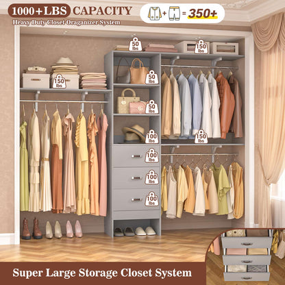 96‘’ W Closet System, Walk In Closet Organizer with 3 Shelving Towers