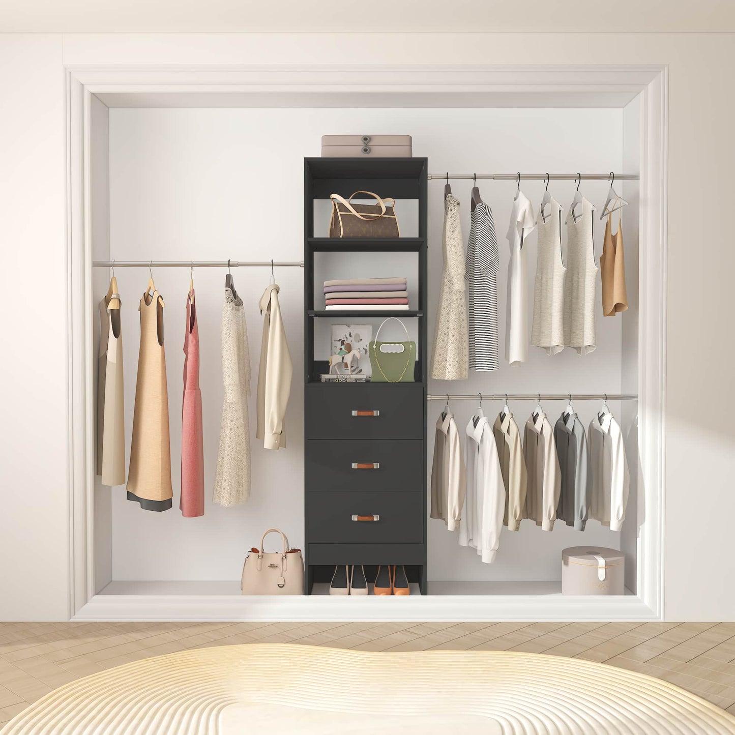 Adjustable 5-8FT Wall-Mounted Closet Organizer System with 3 Hanging Rods & 3 Wood Drawers