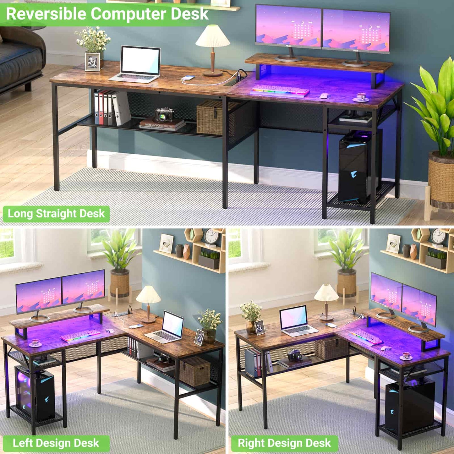 L Shaped Computer Desk with Magic Power Outlets and Smart LED Light