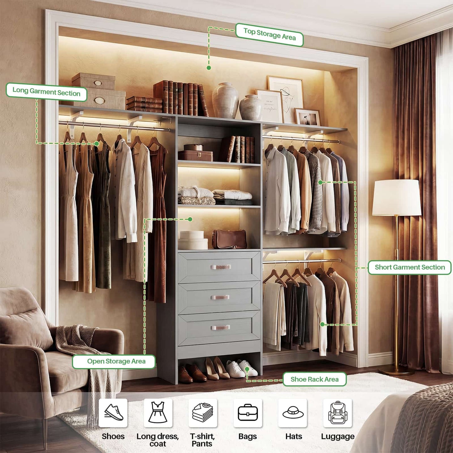 96'' W Closet Organizer System With Wooden Drawers
