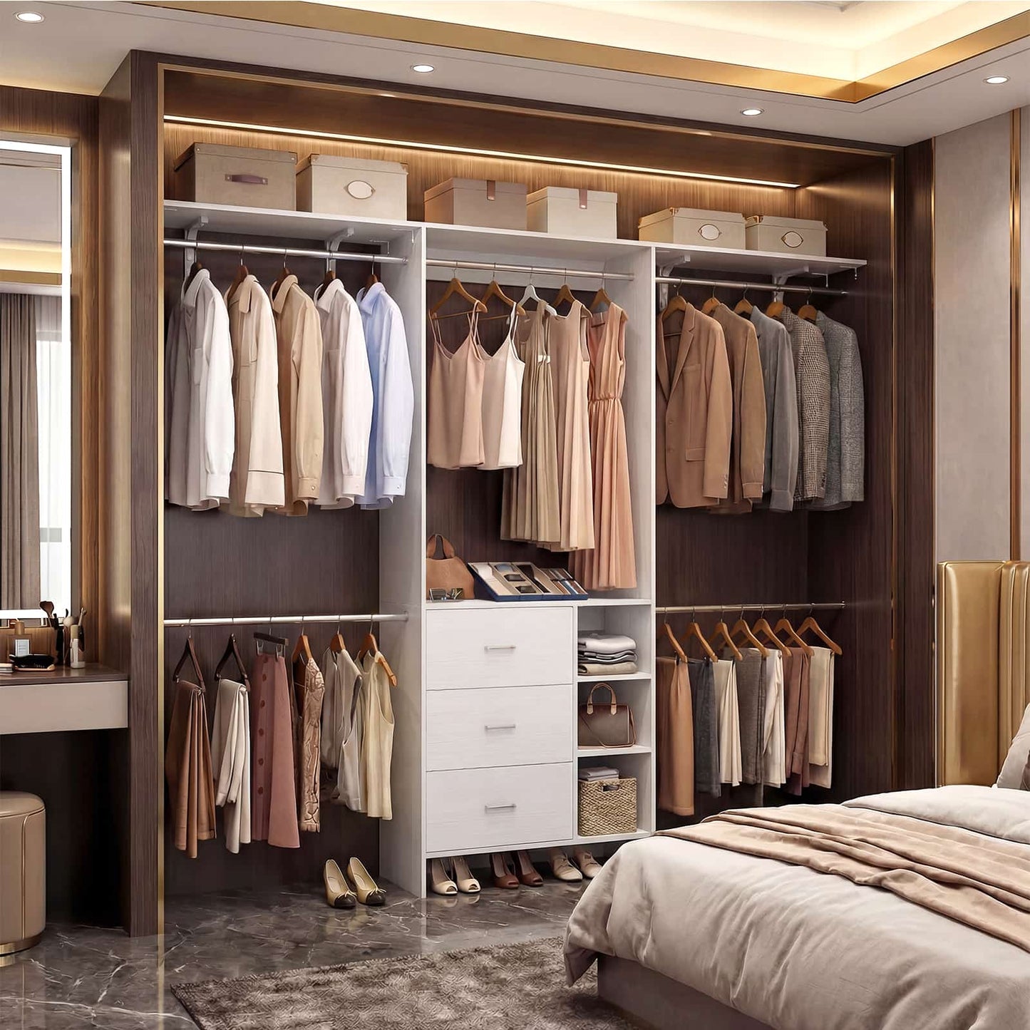 8FT Walk-in Armoire Closet Organizer with 3 Wooden Drawers & Hanging Rods, Adjustable Garment Rack for 5.3-9 ft Spaces,Wardrobe Storage Shelf