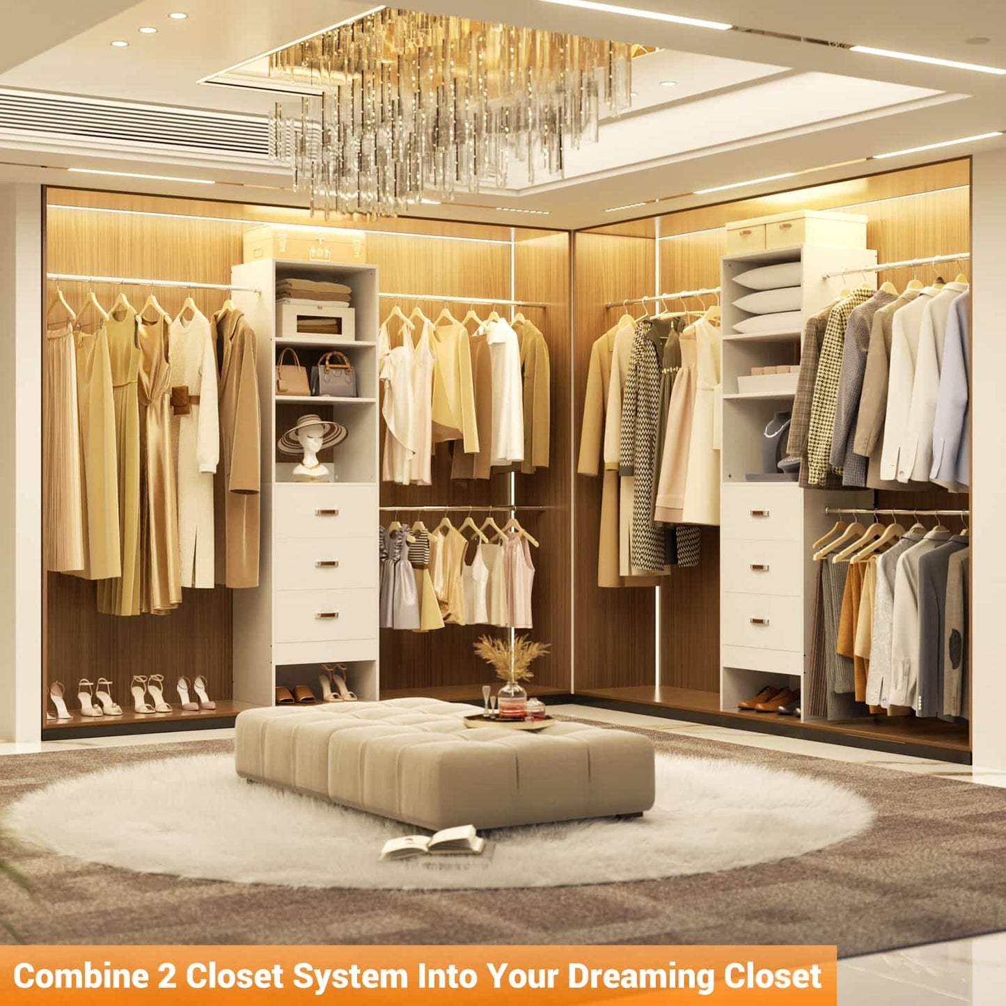 Adjustable 5-8FT Wall-Mounted Closet Organizer System with 3 Hanging Rods & 3 Wood Drawers