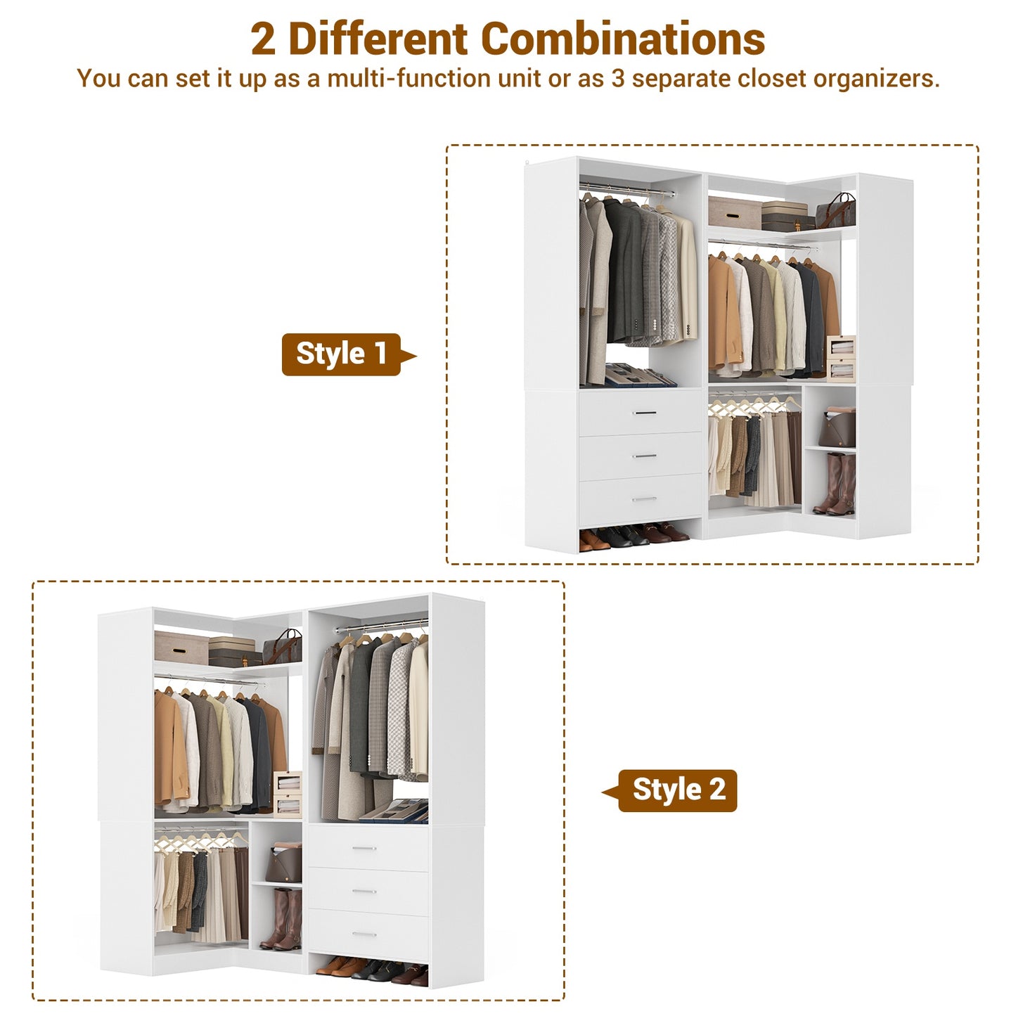 Closet System with 3 Drawers, 2 Hanging Rods & Corner Tower