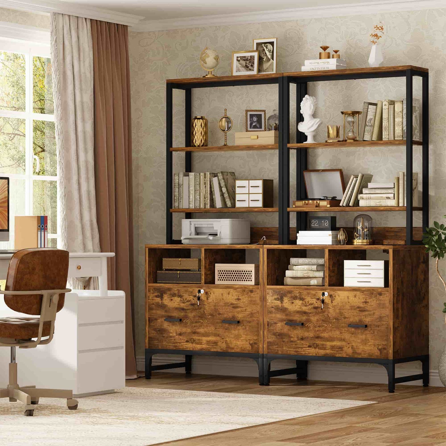 2-Pack Vertical File Cabinet with Shelves, Charging Station, Lock, Large Drawer & Printer Stand
