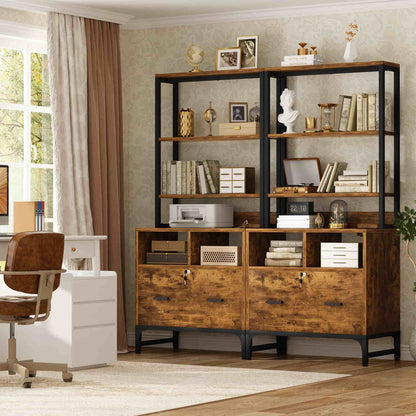2-Pack Vertical File Cabinet with Shelves, Charging Station, Lock, Large Drawer & Printer Stand