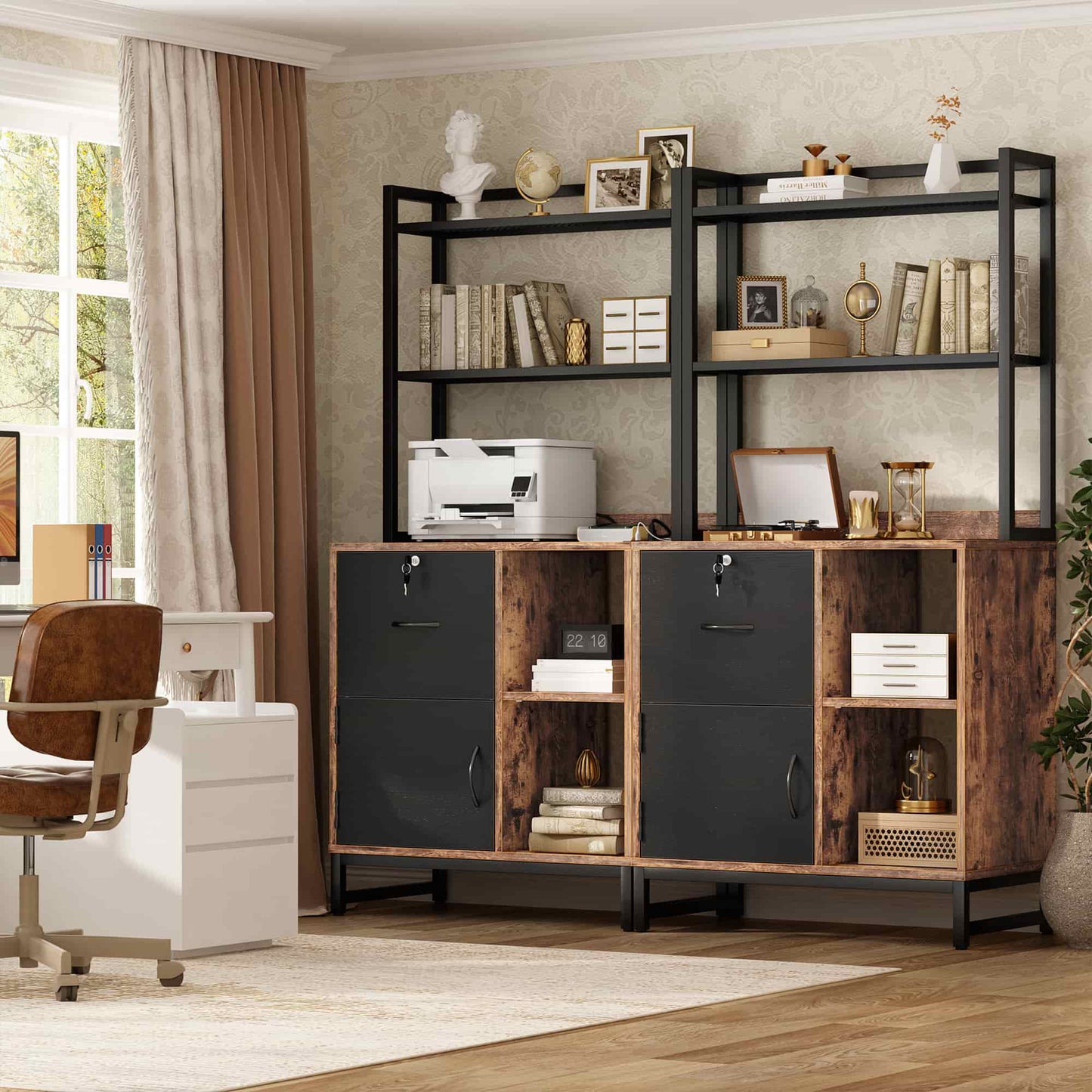 Vertical Filing Cabinet with Lock & Charging Station, Large Drawer Wood File Cabinet with Bookshelf, Printer Stand with Open Storage Shelf