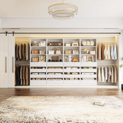 Modular Closet System 4-Pack, 12-24ft Expandable Walk-in Wardrobe Organizer with 16 Wooden Drawers & 16 Hanging Rods