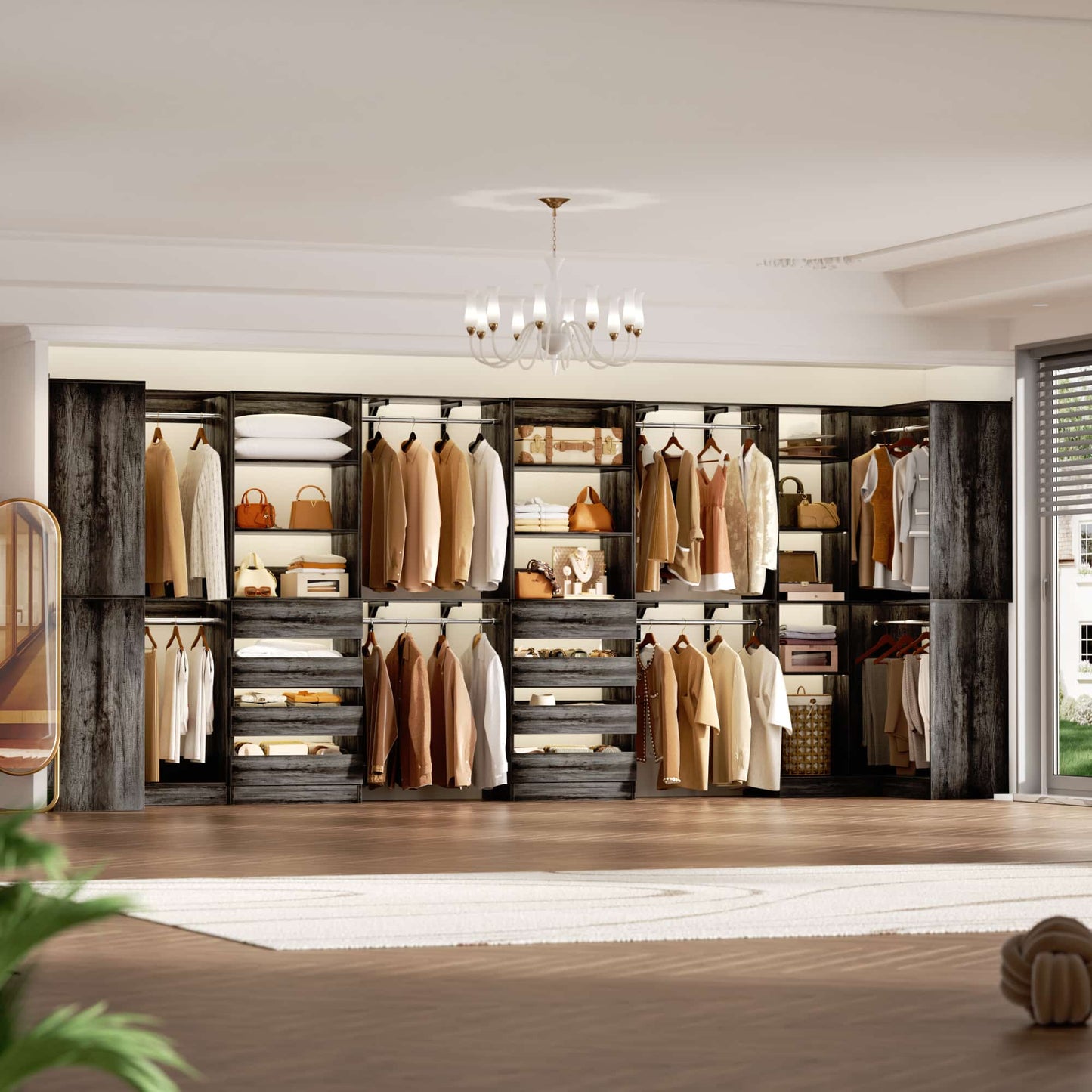 96"-128" 2-Piece Freestanding Closet System, Corner Wardrobe Organizer with Drawers & Shelves for Bedroom/Living Room