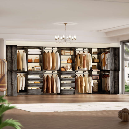 96"-128" 2-Piece Freestanding Closet System, Corner Wardrobe Organizer with Drawers & Shelves for Bedroom/Living Room