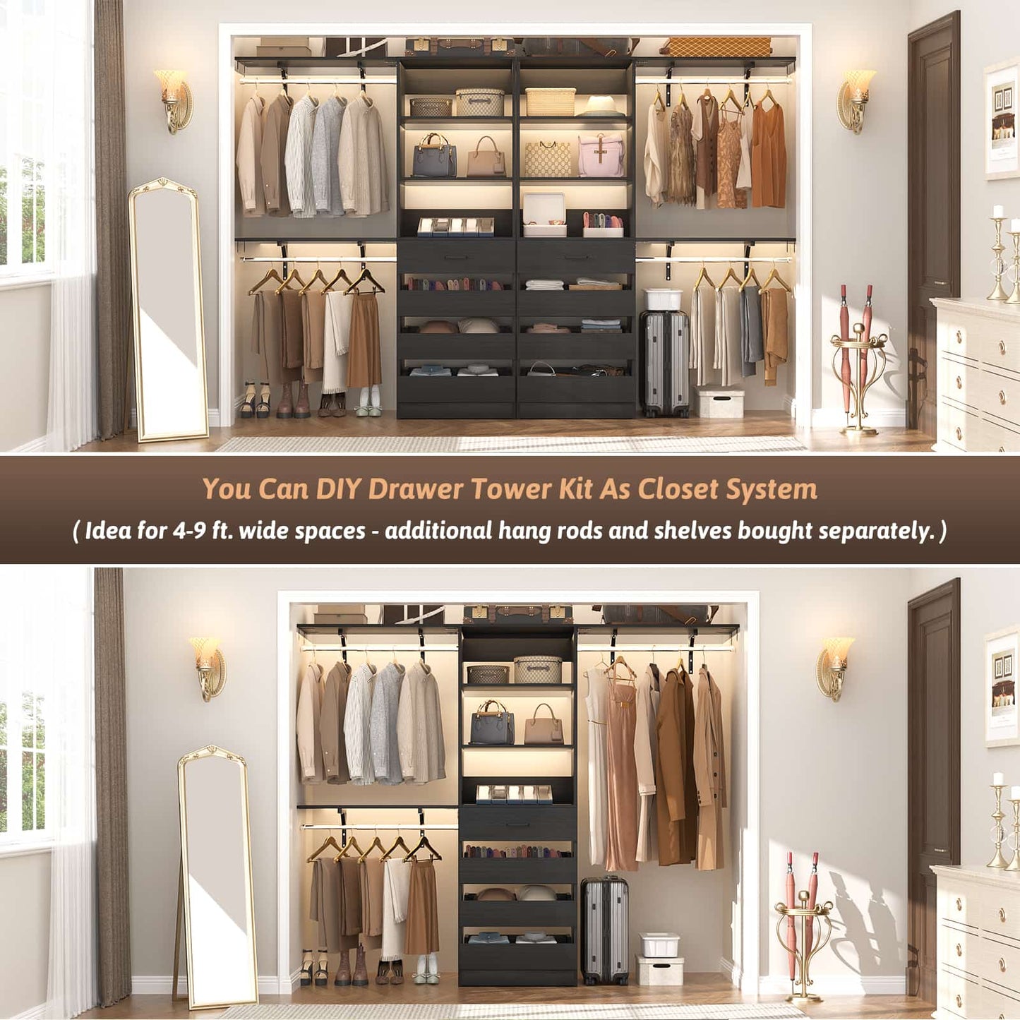 Space-Saving Modular Closet Organizer System with 4 Drawers & Adjustable Shelves - Wood Storage Cabinet