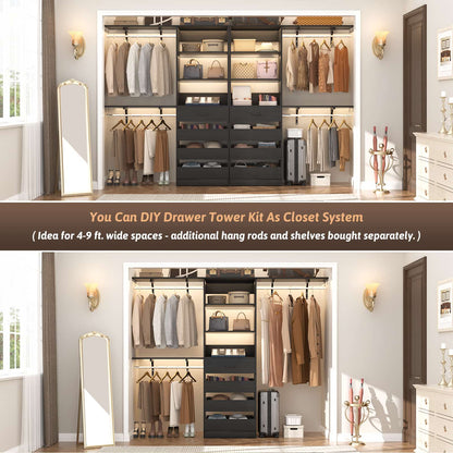 Space-Saving Modular Closet Organizer System with 4 Drawers & Adjustable Shelves - Wood Storage Cabinet