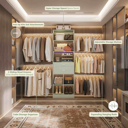 4-8 FT Walk-in Closet Organizer Tower, 2 Wooden Drawers + 5 Hang Rods, Built-in Shelves, Fit 60-96'' Closet Systems