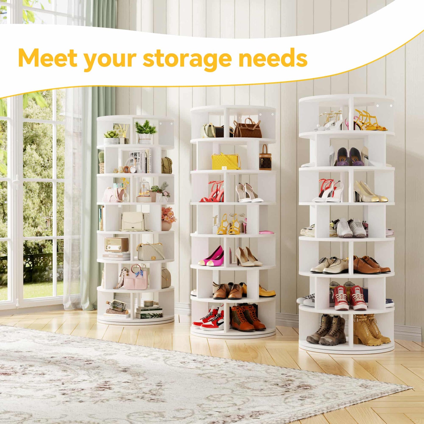 7-Tier Spinning Shoe Rack Tower, 360 Revolving wooden Shoe Rack, 60'' for shoes ,bags, Display Lazy Susan ,Storage Carousel