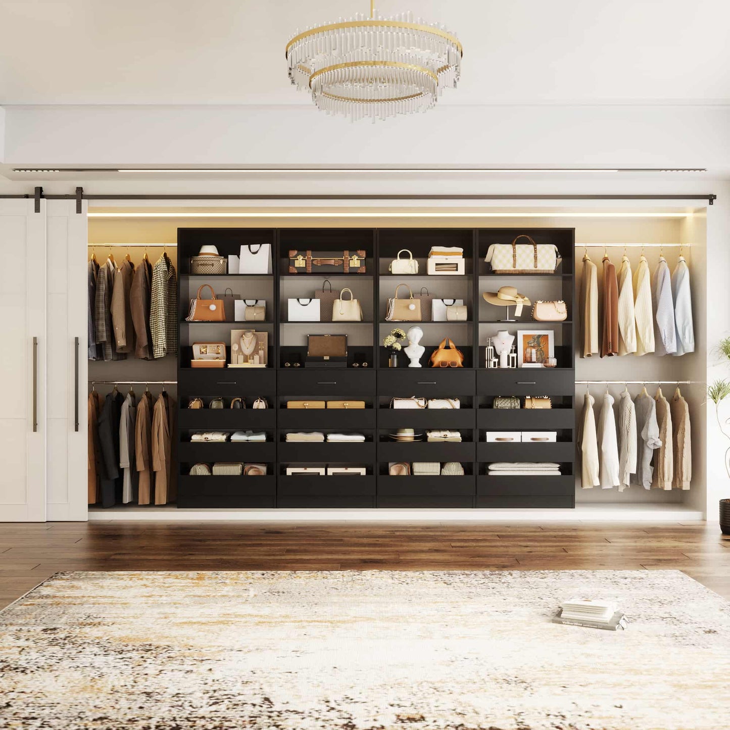 Modular Closet System 4-Pack, 12-24ft Expandable Walk-in Wardrobe Organizer with 16 Wooden Drawers & 16 Hanging Rods