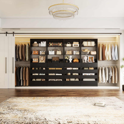 Modular Closet System 4-Pack, 12-24ft Expandable Walk-in Wardrobe Organizer with 16 Wooden Drawers & 16 Hanging Rods