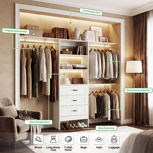 96'' W Closet Organizer System With Wooden Drawers