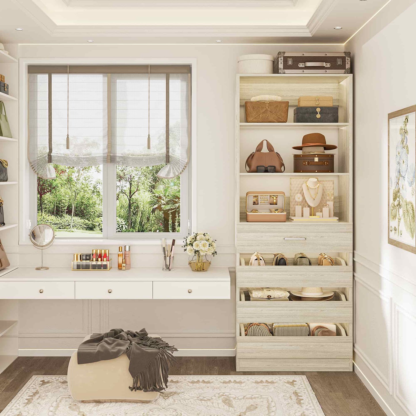 Space-Saving Modular Closet Organizer System with 4 Drawers & Adjustable Shelves - Wood Storage Cabinet