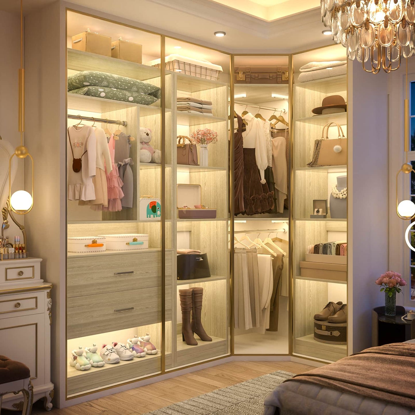Closet System Closet Organizer, Wood Closet Organizer System,Walk-in Closet or Small Closets Wardrobe, Clothes Rack with Hanging Rods