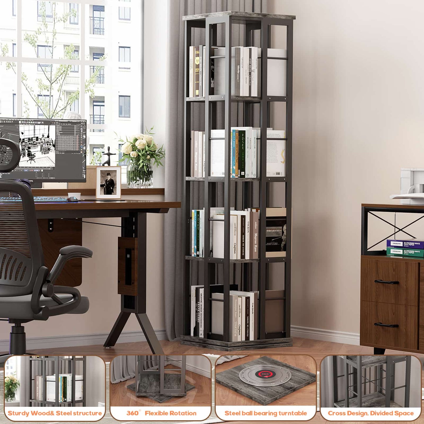 Rotating Bookshelf, Corner Bookshelf, 360 Display Wood Spinning Bookshelf