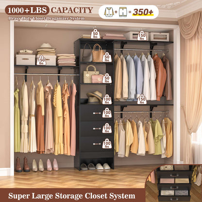 96‘’ W Closet System, Walk In Closet Organizer with 3 Shelving Towers