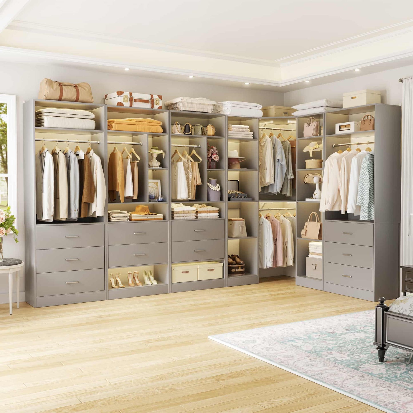 Complete Corner & Straight Closet Organizer Suite:1 Corner Shelf Unit + 4 Tower Systems ( 4-Drawer+ 6-Drawer Options)
